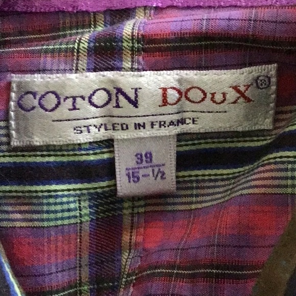 COTON Doux Paris pink plaid slim fit button front shirt sz 15 1/2 - Picture 6 of 7